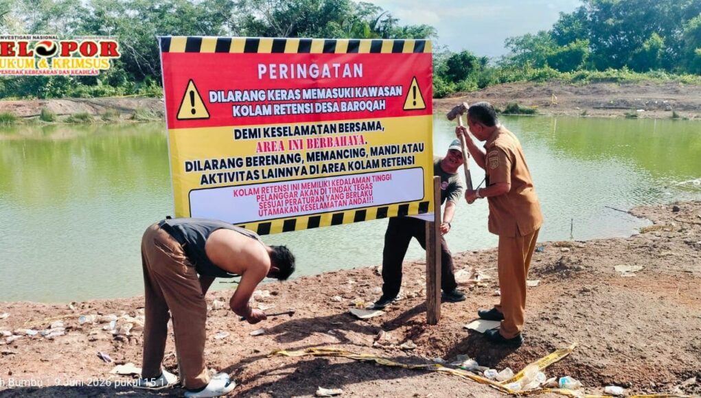 Cegah Tragedi Terulang, Pemdes Barokah Pasang Papan Larangan dan Siapkan Pagar Pengaman di Kolam Retensi Araudah 6